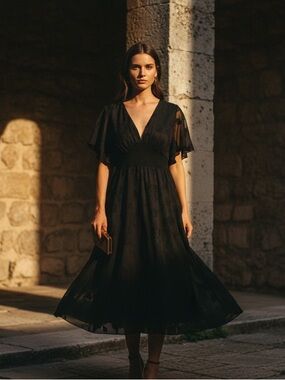 Baltic Born June Smocked Midi Dress Black Floral Burnout Chiffon L